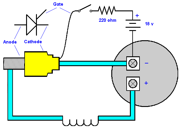 Diagram showing how stud-type SCR is connected to capacitor and coil