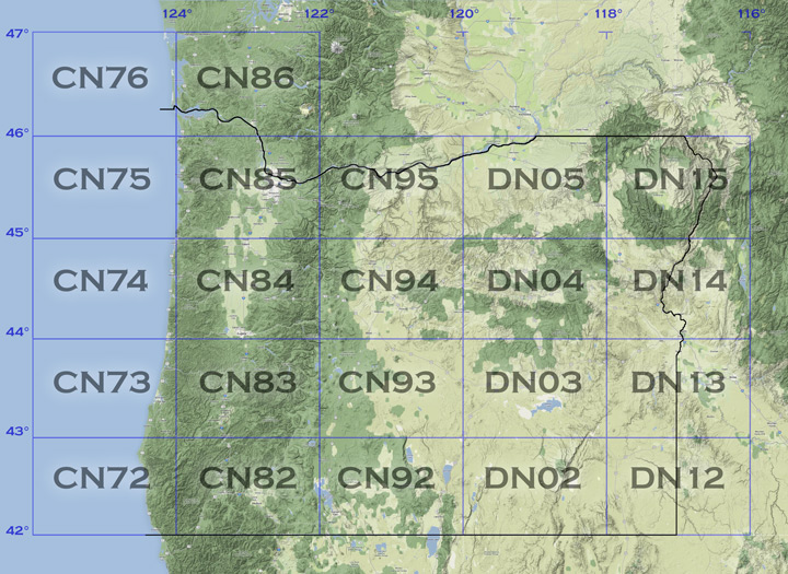 Map of VHF rover operating locations in Oregon state grid squares