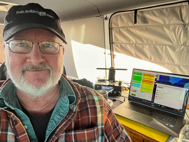Barry K7BWH in his rover van after completing Grid #488 with Jim AA0MZ